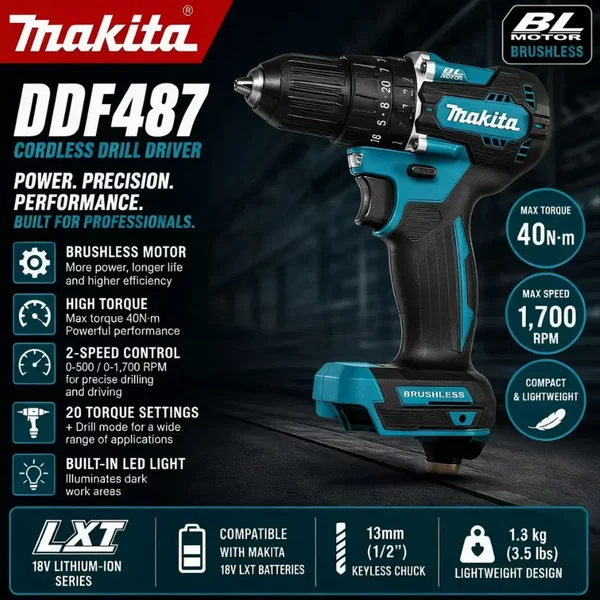 Makita DDF487 18V Akku-Schlagbohrschrauber, bürstenloser Schraubendreher, wiederaufladbares Elektrowerkzeug-Set für die Autoreparatur – 100 % Original 18V Makita 6Ah Makita-Akku BL1840 BL1830B BL1850B