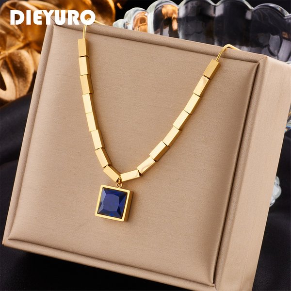 DIEYURO 316L Stainless Steel Square Blue Zircon Necklace For Women New Trend Geometric Clavicle Chain Neck Jewelry Party Gifts