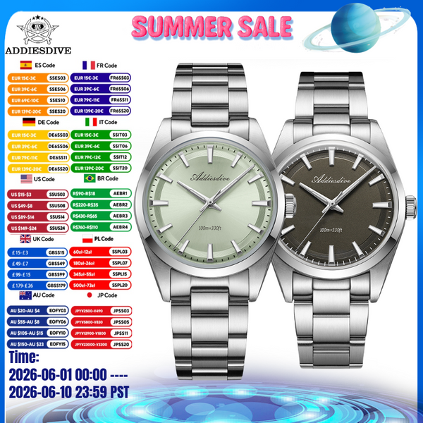 ADDIESDIVE 36mm AD2066 Herrenuhr BGW9 Luminou Bubble Spiegelglas 316L Edelstahl Reloj Hombre 100m wasserdichte Quarzuhr