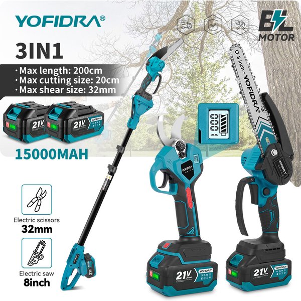 YOFIDRA 3IN1 Bürstenlose elektrische 8-Zoll-Kettensäge 32 mm Schere Teleskopstangensägen Garten Hohe Astsäge für Makita Akku Pin