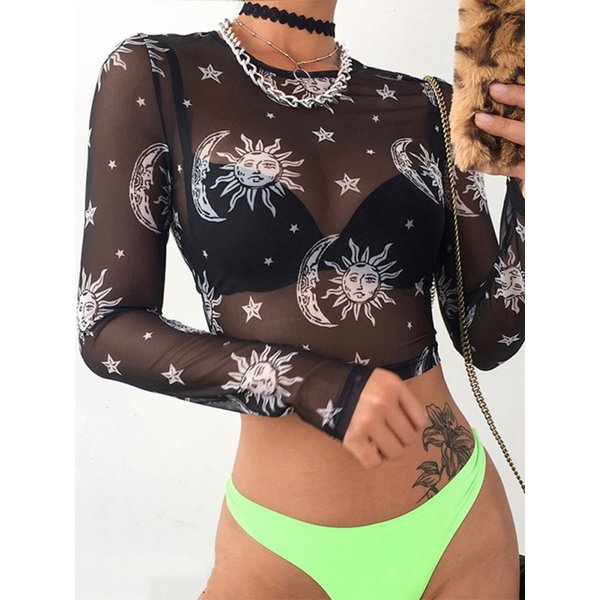 2023 Women Sexy Harajuku Mesh Tops Long Sleeve See Through T Shirt Transparent Sun Moon Star Print T-shirt Femininas Clubwear