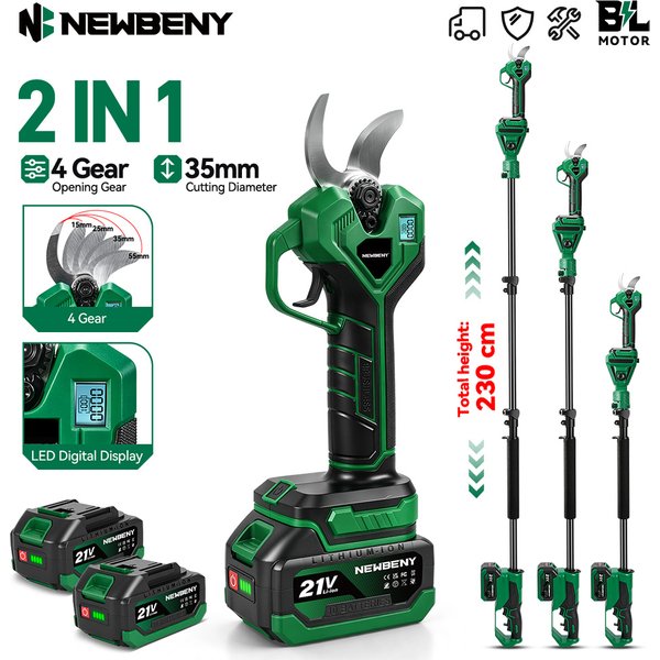 NEWBENY 2-IN-1 Bürstenloser Elektrischer Astschneider mit Teleskopstange, Garten-Astschneider-Werkzeug für Makita 21V Akku