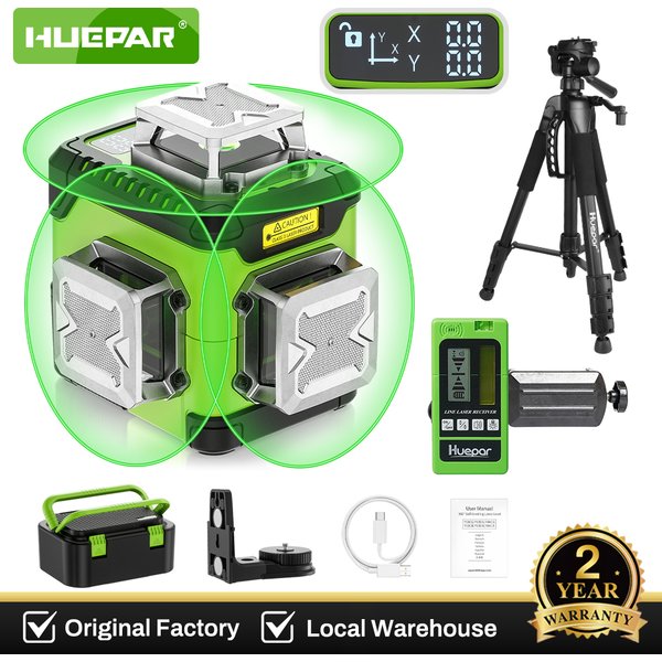 Huepar 3D-Laser-Nivelliergerät, selbstnivellierend, LCD-Bildschirm, hohe Helligkeit, wiederaufladbarer Laser-Nivellierer mit magnetischer Halterung, Hartschalenkoffer