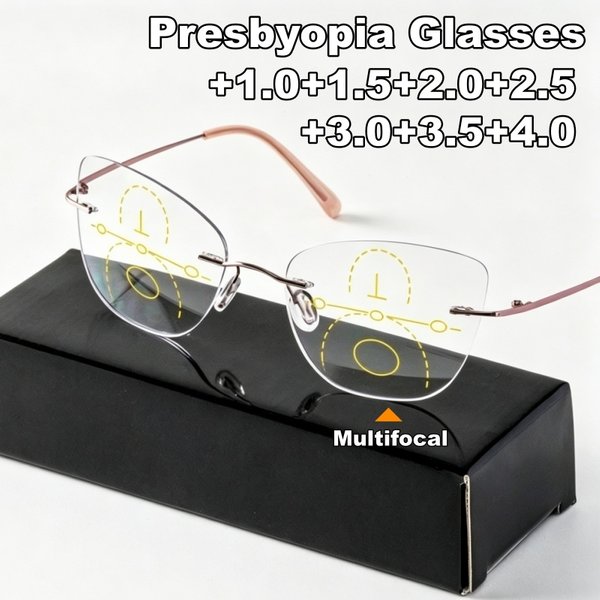 Rahmenlose Cat-Eye Progressive Multifokal-Brille Markendesigner Unisex Anti-Blaulicht-Brille mit Plus-Dioptrien