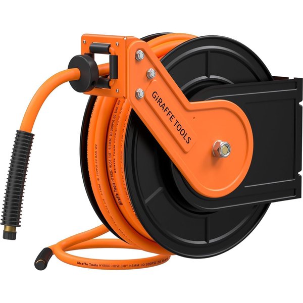 Giraffe Tools Enrouleur Tuyau Air Comprimé 15m+1m, Mural Enrouleur de Tuyau d'Air Comprimé avec tuyau air hybride 3/8", 20Bar/300PSI, Rétractation Automatique, Raccord en Laiton 1/4"