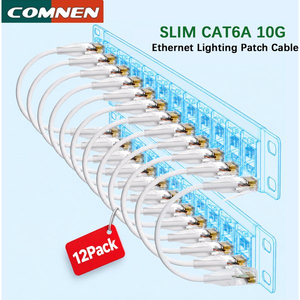 COMNEN, lot de 12 câbles de raccordement Ethernet pour éclairage, câble LAN Cat6a 10G POE flexible et mince, pour switch, PS5, routeur, Xbox, ordinateur