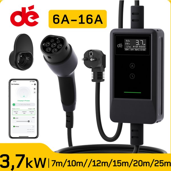 dé Ladekabel Schuko Typ 2 3,7kW mit App, 7m, 10m, 15m, 20m und 25m Ladekabel, 1-phasig 6A–16A Stromregulierung, Plug & Play EV-Ladegerät für Elektrofahrzeuge und PHEVs