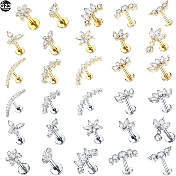 Boucles d'oreilles en titane pour femmes, 1 pièce, fil interne, fleur en Zircon, Lobe d'oreille, Tragus Helix, anneaux à lèvres, bijoux 16G