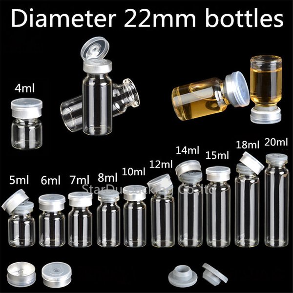 Livraison gratuite 100 Pcs/lot diamètre 22mm 4ml 10ml 15ml 20ml flacon en verre d'injection transparent avec capuchon amovible, bouteilles en verre 1/3oz