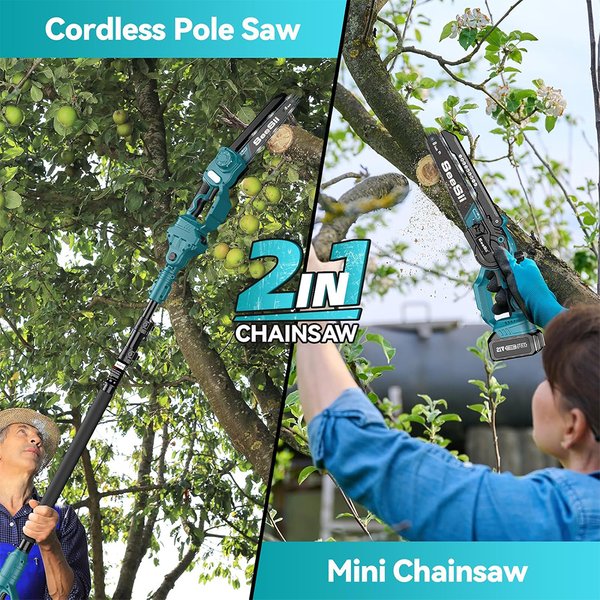 Seesii 2IN1 8'' Bürstenlose Teleskop-Elektrokettensäge mit Schere für hohe Äste, Gartenpflegewerkzeug für Makita 18V Akku