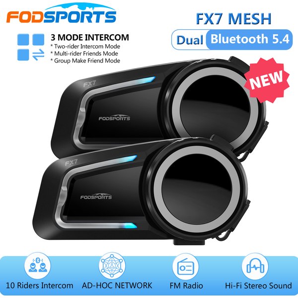 2 Stück Fodsports FX7 Mesh Intercom Motorrad Helment Headset Dual Bluetooth 5.4 Moto Interphone, 10 Fahrer 2000M, FM Radio