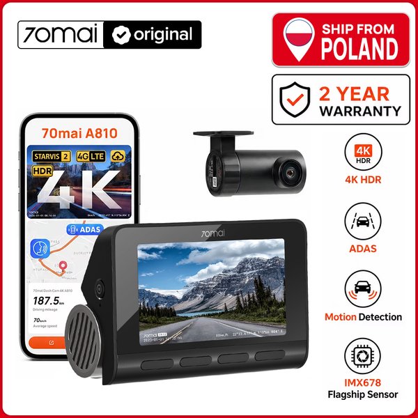 Kamera samochodowa 70mai Dash Cam 4K A810 Ultra HD 150 ° Monitorowanie parkowania 24-godzinne FOV, ADAS, Koordynacje dzięki wbudowanemu GPS, WIFI i 4G, do ekstremalnych warunków pogodowych