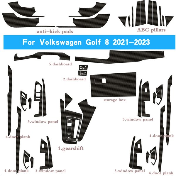 Autocollant intérieur en fibre de carbone pour Volkswagen Golf 8, film de voiture, console centrale, engrenage, tableau Prada, poignée de porte pneumatique, panneau de levage, 2021-2023