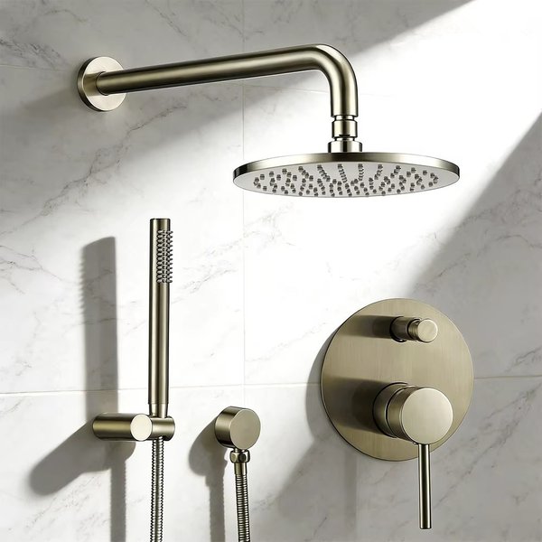 Système de douche mural pour salle de bain, ensemble robinetterie de bain en laiton avec mitigeur déviateur, finition or brossé, avec pommeau de douche pluie et douchette à main 12 pouces