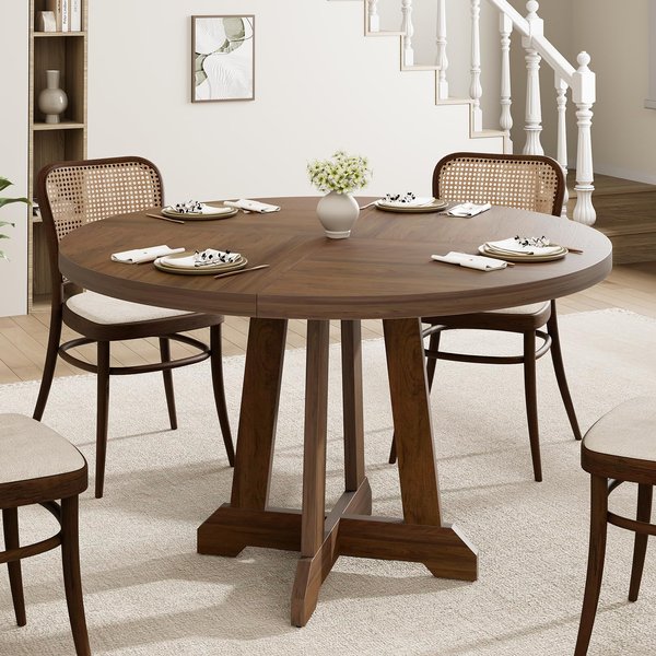 GarveeLife Spacious & Sturdy – 47-Inch Round Dining Table for 4-6 – Modern Farmhouse Living Room Table – Sturdy Pedestal Base – Space-Saving Multi-Room Use – Brown,