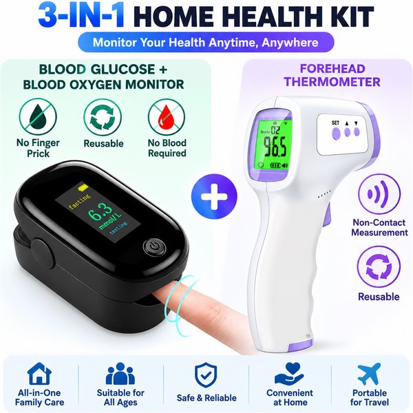 Berührungsloses Stirnthermometer & 3-in-1-Blutzucker- und Blutsauerstoffmessgerät, Fingerpulsoximeter, Blutzuckermessgerät für die Fingerspitze