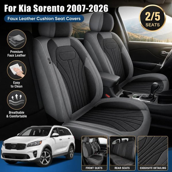 Kompletter Satz Autositzbezüge für Kia Sorento 2007~2026, Kunstleder-Sitzbezüge für 2/5 Sitze, wasserdichter Leder-Autositzschutz für alle Jahreszeiten.