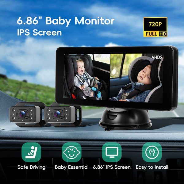 Degreat 2 Kamera Rückfahrmonitor 6,86' IPS-Bildschirm Kopfstützen-Babyautospiegel mit Weitwinkel für Säuglinge, Kinder und Haustiere, Nachtsicht