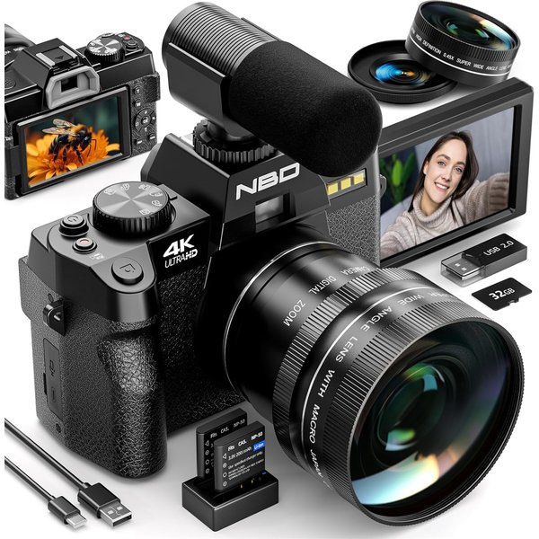 NBD 4K-Digitalkameras für Fotografie, 48-MP-Kamera, Reise-Vlogging-Kameras mit 16-fachem Digitalzoom, 180 ° Flip-Screen, 52 mm Makroobjektiv