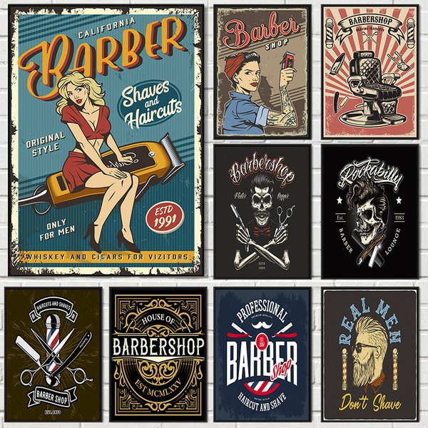 Affiches de salon de barbier vintage, coupe de cheveux et barbe de rasage, peinture sur toile pour la décoration intérieure, impressions murales de bureau