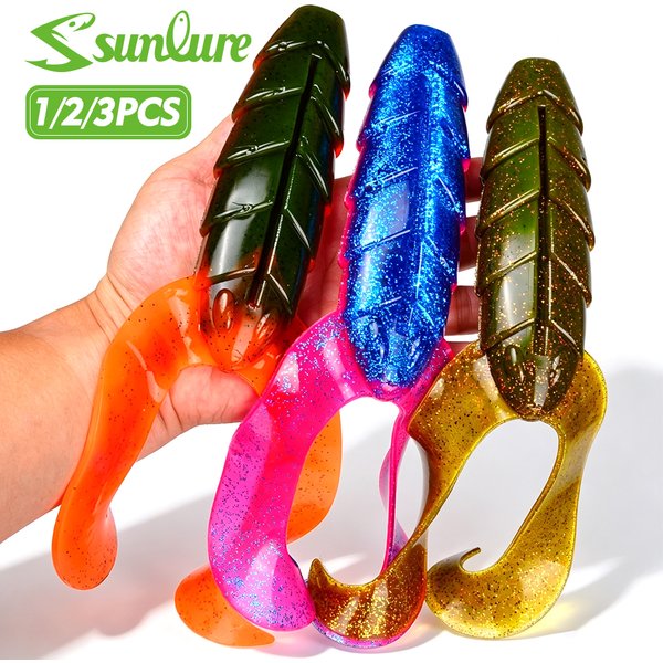 Sunlure 1/2/3PCS Grandes leurres souples en silicone à double queue bouclée, appât artificiel nervuré pour la pêche en eau salée
