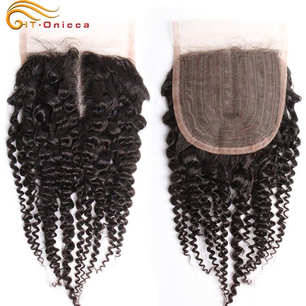 Htonicca – perruque Lace Closure brésilienne naturelle, cheveux bouclés, couleur naturelle, 4x1 T, partie centrale, avec Baby Hair
