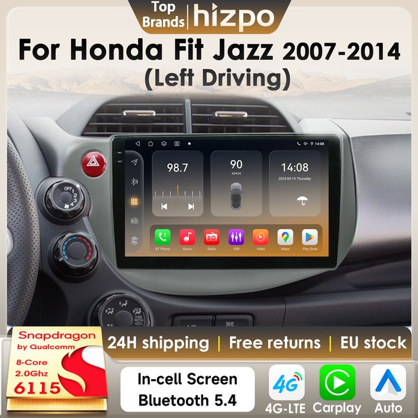 Hizpo 8G 128G Autoradio Autoradio pour Honda Fit Jazz gauche 2007-2014 AI voiture multimédia GPS 4G Carplay par Qualcomm Snapdragon6115