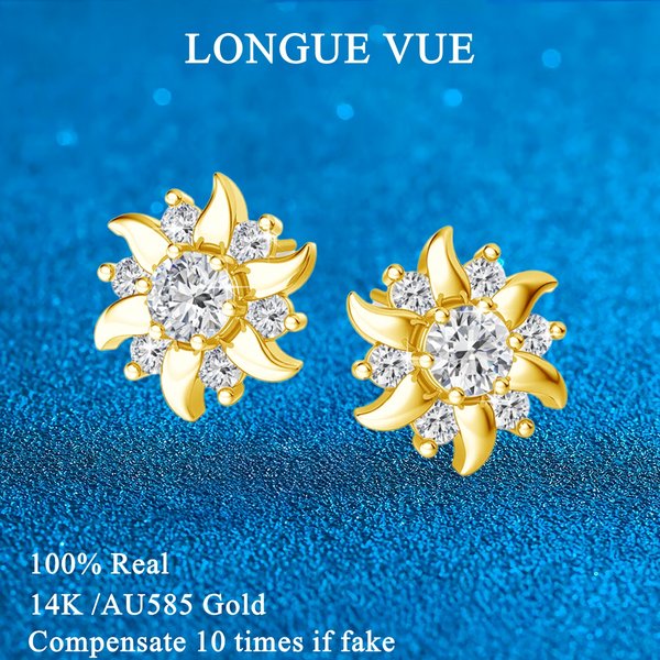 Boucles d'oreilles clous en or 14 carats 100% pour femmes, motif tournesol, hypoallergéniques, en or AU585, avec moissanite, cadeau pour fille