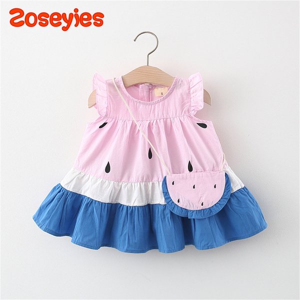 Summer Baby Girl's Dress Cute Little Watermelon Print Flying Sleeves Knee-length Daily Dress with Bag