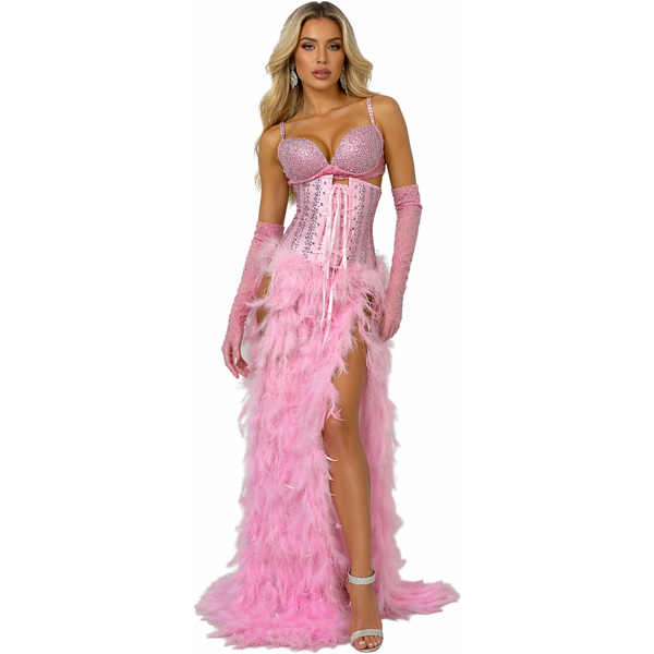 pink rhinestone bra bikini feathers corset long skirts gloves 4 pieces sets women club party costume show singer festival outfit