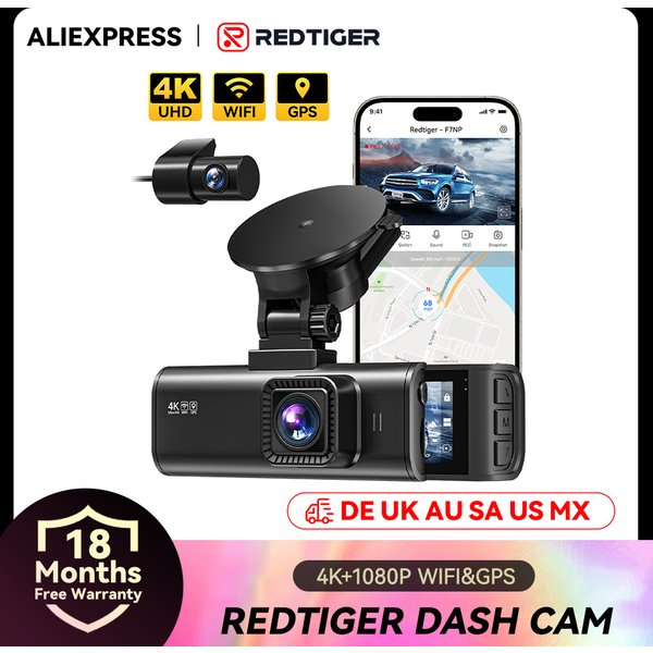 REDTIGER F7NP 4K+1080P Dashcam für Autos, 3,18-Zoll-IPS-Bildschirm, integriertes WLAN, GPS, Mini-Dashcam-Rekorder, DVR für 24-Stunden-Parkmodus