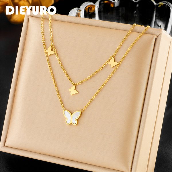 DIEYURO-Collier pendentif papillon en acier inoxydable pour femme, Double couche, Jolis bijoux de cou, Cadeau Bijoux, Mode, SION L