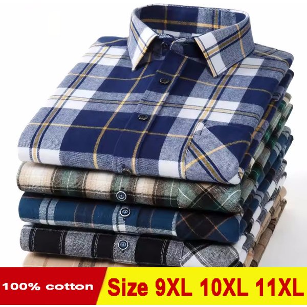 Plus Size 11XL 10XL 9XL Men‘s Plaid Flannel Shirts Long Sleeve Cotton Fashion Casual Soft Standard-Fit Male Shirt Blouse Clothes
