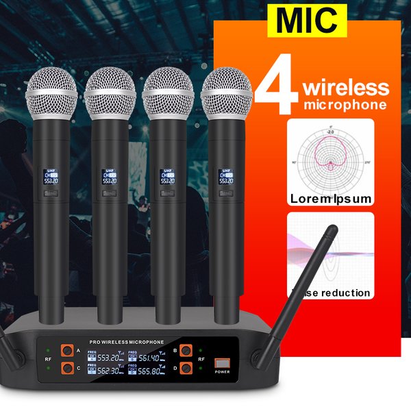 Yamnweo K-8, Système de microphone sans fil UHF à 4 canaux, 4 micros dynamiques, portée stable de 165 pieds, réduction du bruit anti-hurlement, microphone vocal haute fidélité