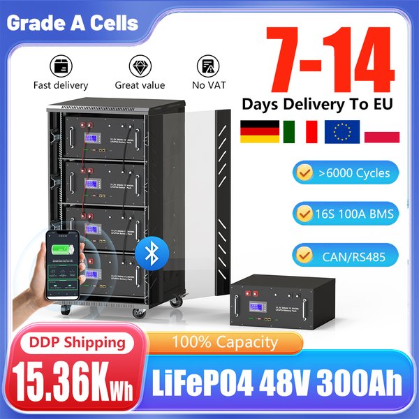 48V 300Ah LiFePO4 Batterie 15KW Bluetooth 16S 200A BMS 51.2V 100Ah 150Ah 200Ah 6000+ Zyklen Klasse A Neue Zellen CAN/RS485 EU Keine Steuer