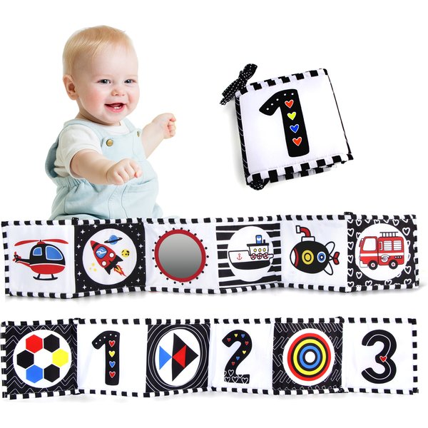 Livre en tissu sensoriel à contraste élevé pour bébés 0M+, jouets de berceau pour nouveau-nés, livres en tissu animaux noir et blanc, livre Montessori pour bébés