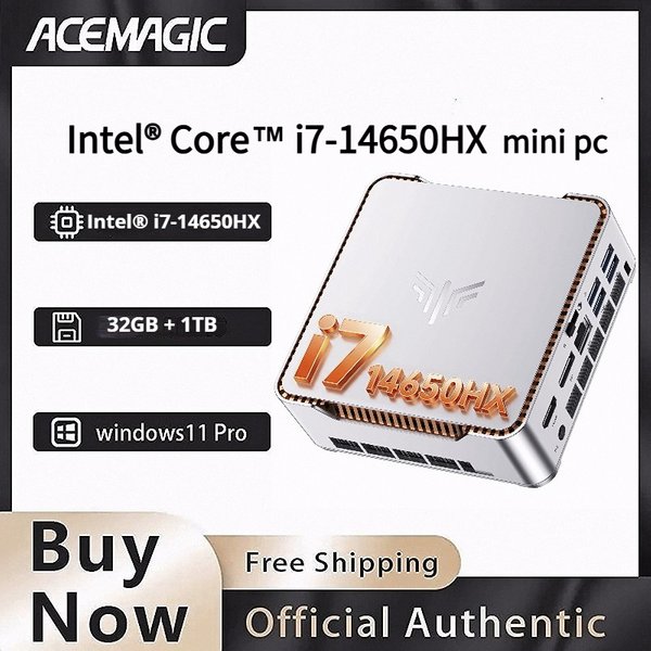 ACEMAGIC Mini-PC, Intel Core i7-14650HX, 16 Kerne/24 Threads, bis zu 5,2 GHz, Windows 11 Pro, 32 GB DDR4, 1 TB NVMe SSD, unterstützt drei 4K-Displays, WLAN 6E, Bluetooth 5.
