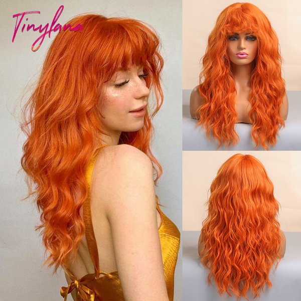 Cosplay Ginger Orange Long Curly Synthetic Wigs with Bangs Deep Wave Lolita Hair for Women Halloween Party Daily Heat Resistant