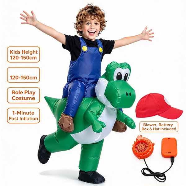 Aufblasbares Dinosaurier-Kostüm zum Aufsitzen für Kinder, lustiger Klempner-Rot-Hut, grüner Dinosaurier-Anzug mit Gebläseventilator, batteriebetrieben, Halloween