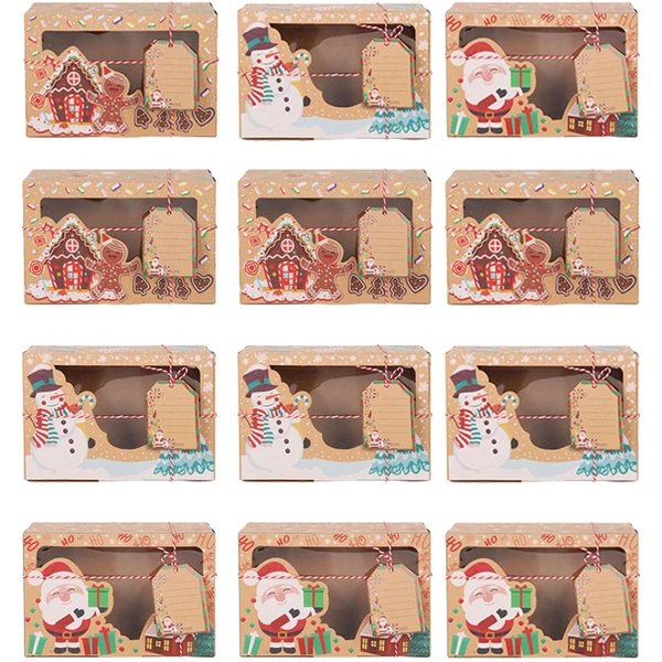 Boîtes de bonbons et de biscuits de noël, boîte-cadeau en papier Kraft, boîtes de friandises de boulangerie avec fenêtre transparente, décor de noël, sac cadeau de noël