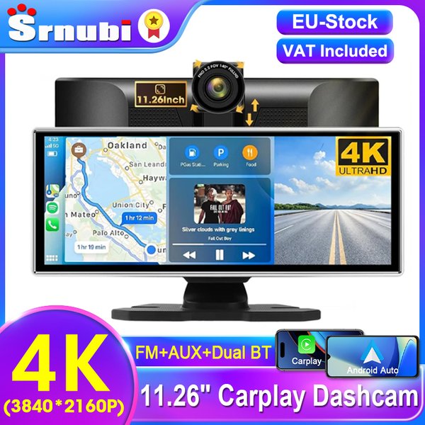 Srnubi 11.26-calowy rejestrator samochodowy z kamerą cofania, CarPlay, Android Auto, nagrywarka 4K DVR, nawigacja, odtwarzacz, podwójna kamera, rejestrator na deskę rozdzielczą, WIFI, BT, AUX, GPS, FM