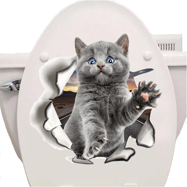 Autocollants de toilettes 3D chats à la mode, joli autocollant mural Animal, joli chat bleu, décoration de maison, Art en vinyle PVC, décoration de salle de bains étanche