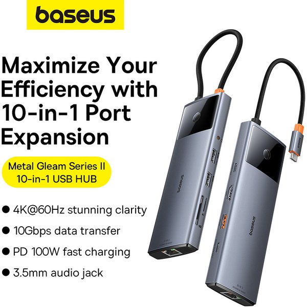 Baseus metal gleam series ii 10-in-1 usb hub space graues USB-C hdmi USB-A USB-C USB-A