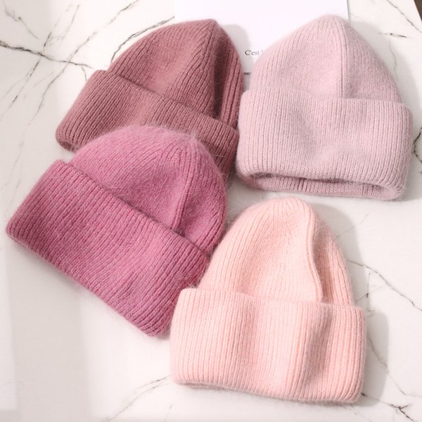 Winter Angola Kaninchen Fell Gestrickte Mützen Für Frauen Fashion Solid Warme Kaschmir Wolle Skullies Kappe Weibliche Drei Falten Dicke Hüte