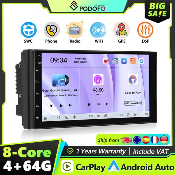 Podofo 2Din 4+64G Android Autoradio Snapdragon 8-Kern Universelles Intelligentes Autosystem Carplay Android Auto GPS WLAN Mirror Link