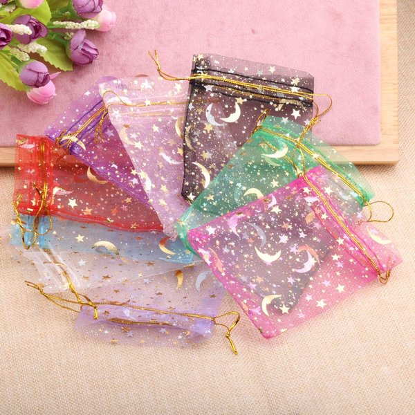 Sacs cadeaux en Organza étoile lune, Mini Sachet couleur or, sac à cordon, pochettes d'emballage de bijoux, 7x9/9x12/10x15/13x18cm, 25/50 pièces