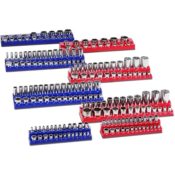 SucceBuy 6 pièces/8 pièces ensemble d'organisateurs de douilles magnétiques bleu + rouge 3/8 ''1/2'' plateaux à douilles métriques SAE avec étiquettes transparentes pour boîte à outils
