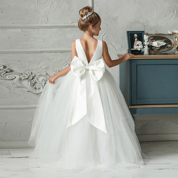 Robes de demoiselle d'honneur blanches longues pour filles, robe de bal de mariage, robe de soirée à gros nœud pour filles, robes de soirée formelles pour premier commun