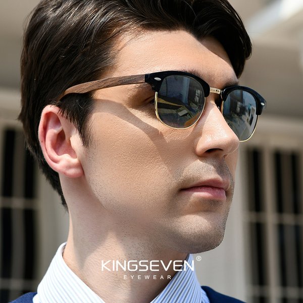 KINGSEVEN – lunettes de soleil polarisées en bois de noyer noir pour hommes et femmes, faites à la main, Protection UV400, semi-sans monture, rétro, 2024