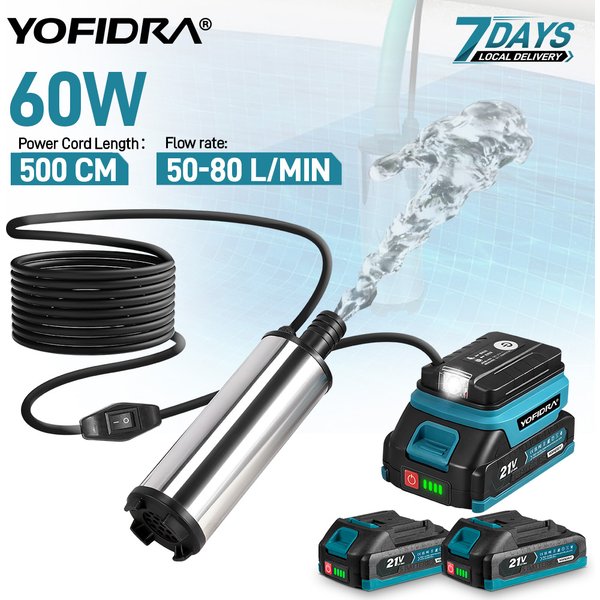 YOFIDRA 50-80L/min Leistungsstarke Elektrische Wasserpumpe Kabellose Tauchpumpe Abwasserbehandlungsgerät für Makita 21V Akku